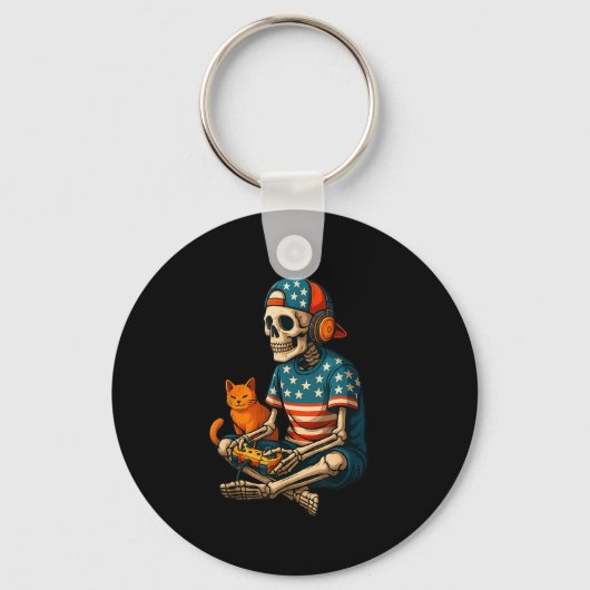 Patriotic Gamer Skeleton Gaming Videogames Cat Bo Sleutelhanger (Voorkant)