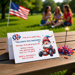 Patriotic Gnome Red Car 5th Birthday Invitation Kaart