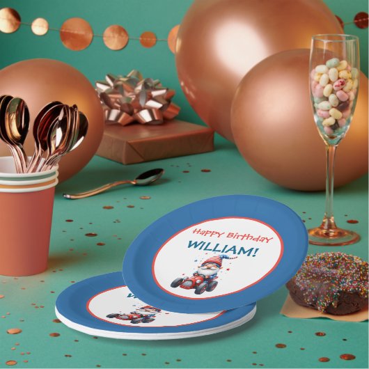 Patriotic Gnome Red Car 5th Birthday Papieren Bordje (Multi)