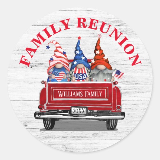 Patriotic Gnome  Red Truck Family Reunion Ronde Sticker (Voorkant)