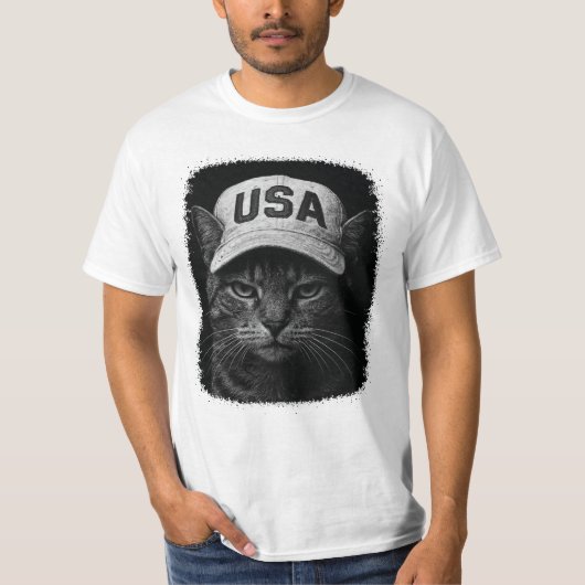 Patriotic Grumpy Cat – USA Hat Black & White T-shirt (Voorkant)