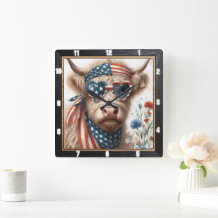 Patriotic Highland Koe Verenigde Staten Vierkante Klok