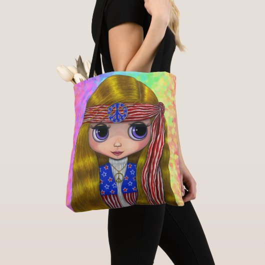 Patriotic Hippie Chick Big Eye Girl Doll Tote Bag (Dichtbij)