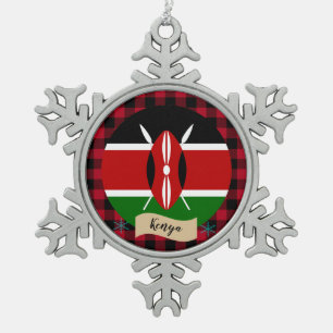 Patriotic Kenya, Red buffalo plaid, Kenyan Flag Tin Sneeuwvlok Ornament
