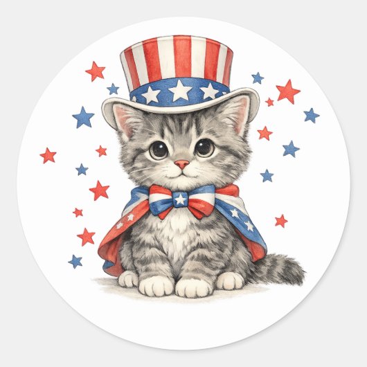 Patriotic Kitten Red White Blue Ronde Sticker (Voorkant)