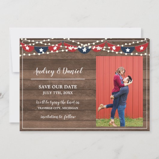 Patriotic Lights Lijst Vierde bannerbruiloft Save The Date (Voorkant)