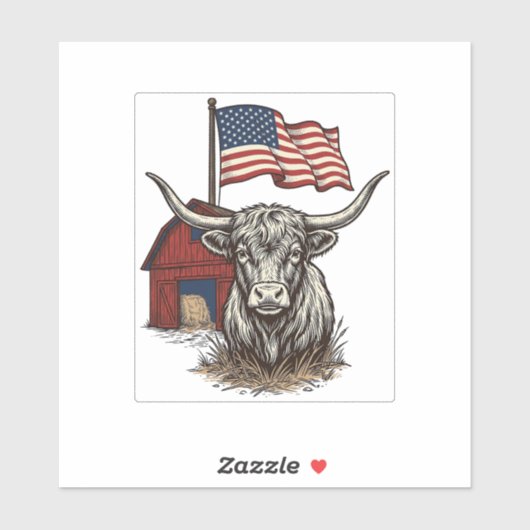Patriotic Longhorn Cow and Red Barn Vector Design_ Sticker (Vel)