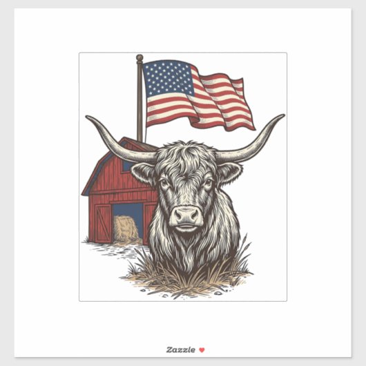 Patriotic Longhorn Cow and Red Barn Vector Design_ Sticker (Vel)
