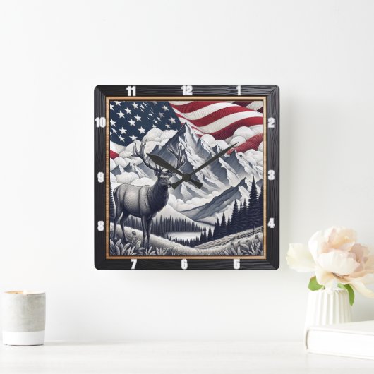 Patriotic Moose Mountain Rustic Vierkante Klok (Huis)