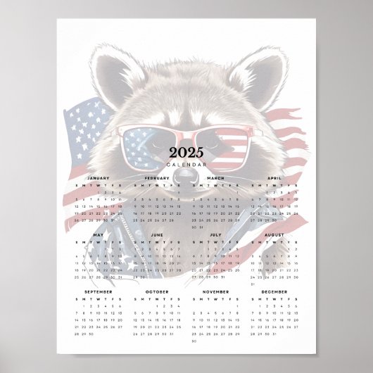 Patriotic Raccoon Rood Wit Blauw Kalender 2025 Poster (Voorkant)