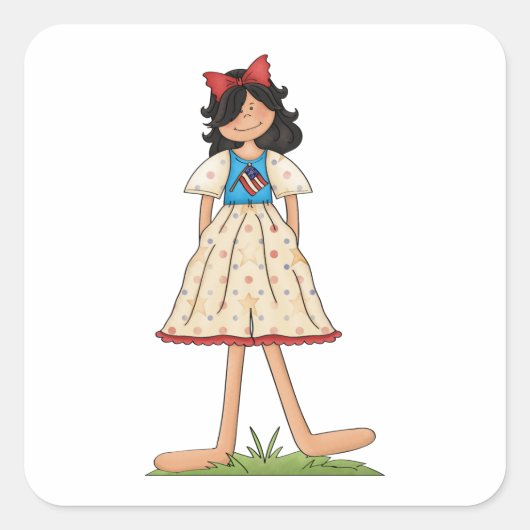 Patriotic Rag Doll Girl Americana Folk Vierkante Sticker (Voorkant)