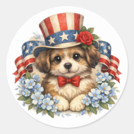 Patriotic Red White Blue Puppy Ronde Sticker
