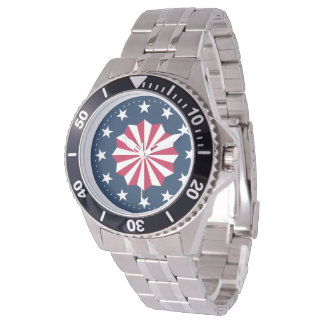 Patriotic Red White Blue Stars Stripes Rosette Horloge