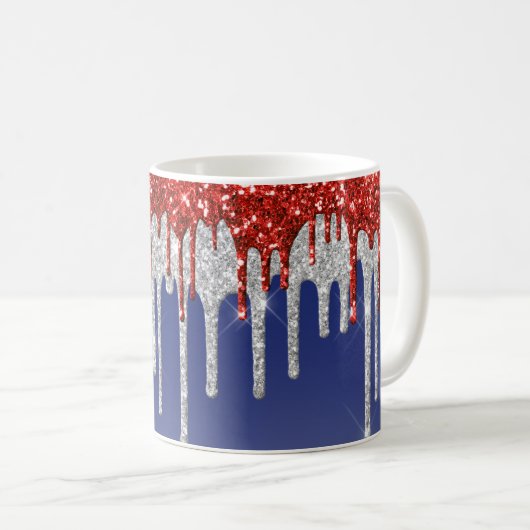 Patriotic Red White Glitter Drip Blue Koffiemok (Voorkant rechts)
