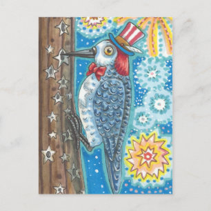 PATRIOTIC REDHEADED WOODPECKER, FIREWORKS POSTCARD BRIEFKAART