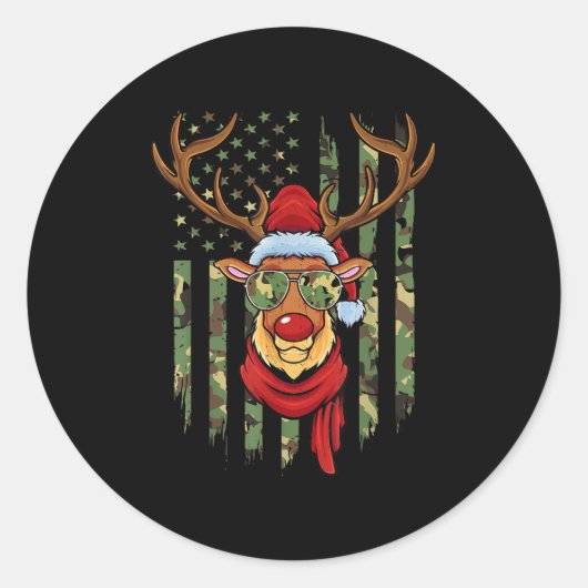 Patriotic Reindeer Camo American Flag Veteran Chri Ronde Sticker (Voorkant)