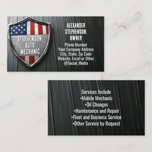 Patriotic Shield Amerikaanse vlag auto monteur Visitekaartje (Voorkant / Achterkant)
