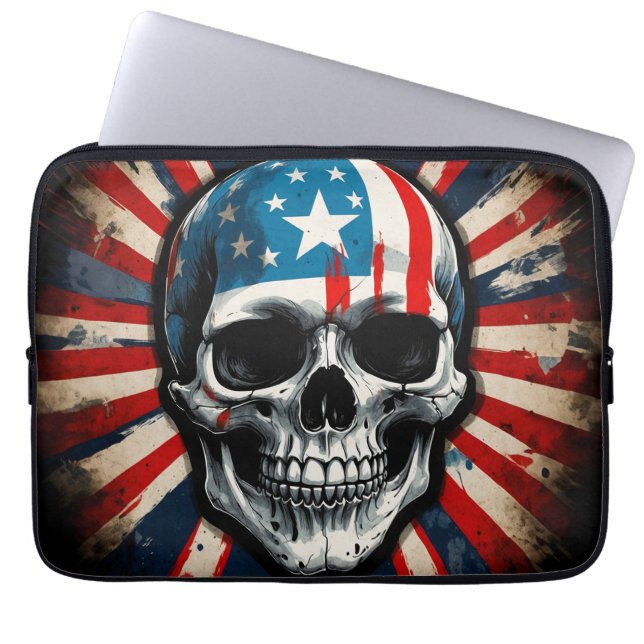 Patriotic Skull: Stars and Stripes Rebellion aange Laptop Sleeve (Voorkant)