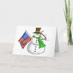 Patriotic Snowman Salutes Christmas Greeting Card Feestdagen Kaart<br><div class="desc">Here's our snowman,  who is begroting and also holding a flag as his other arm.  This card can be customized inside to say whatever you want them to.  Feel free to change the font cohui or styles as well and to personalize this however you d like.</div>