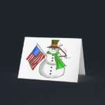 Patriotic Snowman Salutes Christmas Greeting Card Feestdagen Kaart<br><div class="desc">Here's our snowman,  who is begroting and also holding a flag as his other arm. This card can be customized inside to say whatever you want them to. Feel free to change the font cohui or styles as well and to personalize this however you d'like.</div>