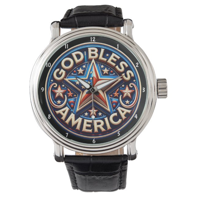 Patriotic Star 'God Bless America' Text Horloge (Voorkant)