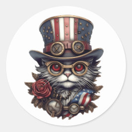 Patriotic Steampunk Cat with Goggles Ronde Sticker