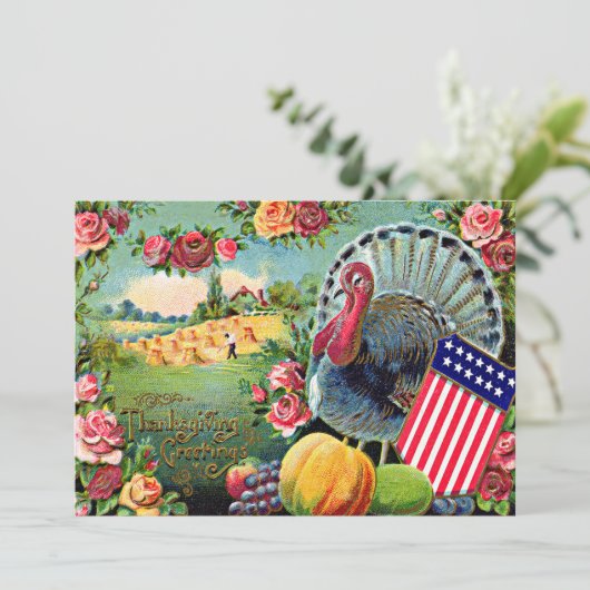 Patriotic Thanksgiving Turkey Harvest Rose Feestdagenkaart (Staand voorkant)