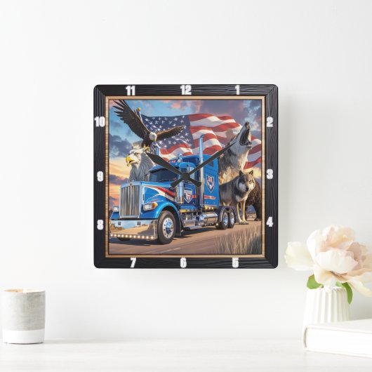 Patriotic Truck Eagle Wolf USA Vierkante Klok (Huis)