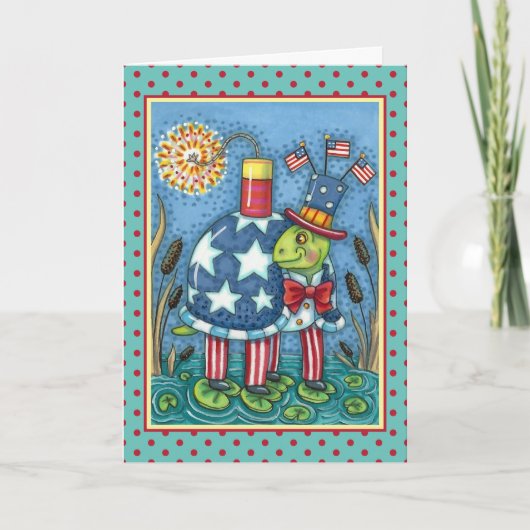 PATRIOTIC UNCLE SAM TURTLE, FUNNY FIRECRACKER Cute Feestdagen Kaart (Voorkant)