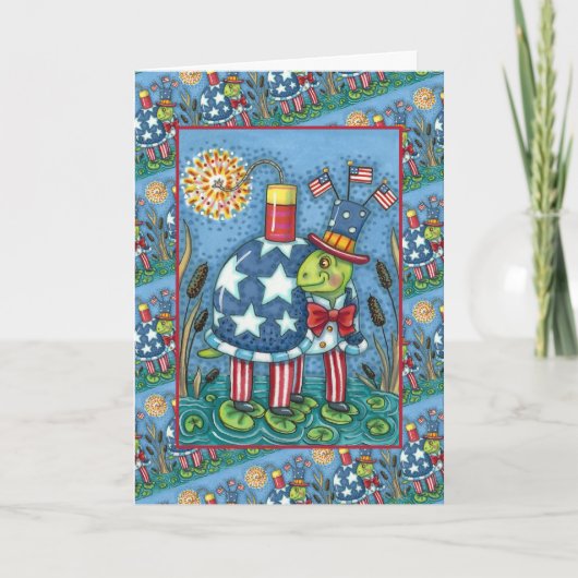 PATRIOTIC UNCLE SAM TURTLE, FUNNY FIRECRACKER Cute Feestdagen Kaart (Voorkant)