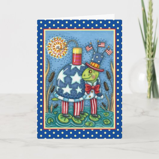 PATRIOTIC UNCLE SAM TURTLE, FUNNY FIRECRACKER Cute Feestdagen Kaart (Voorkant)