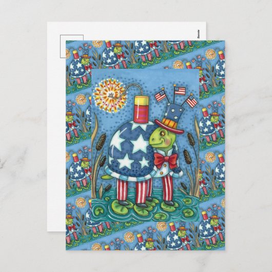 PATRIOTIC UNCLE SAM TURTLE, FUNNY FIRECRACKER Cute Feestdagenkaart (Voorkant / Achterkant)