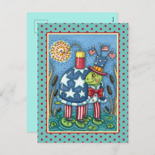 PATRIOTIC UNCLE SAM TURTLE, FUNNY FIRECRACKER Cute Feestdagenkaart (Voorkant / Achterkant)