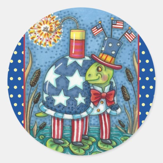 PATRIOTIC UNCLE SAM TURTLE, FUNNY FIRECRACKER Cute Ronde Sticker (Voorkant)