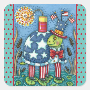 PATRIOTIC UNCLE SAM TURTLE, FUNNY FIRECRACKER Cute Vierkante Sticker