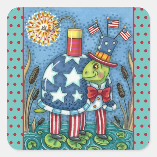 PATRIOTIC UNCLE SAM TURTLE, FUNNY FIRECRACKER Cute Vierkante Sticker (Voorkant)