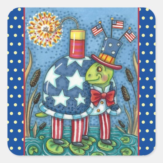 PATRIOTIC UNCLE SAM TURTLE, FUNNY FIRECRACKER Cute Vierkante Sticker (Voorkant)