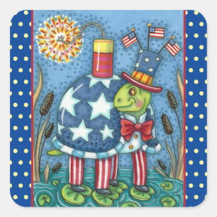 PATRIOTIC UNCLE SAM TURTLE, FUNNY FIRECRACKER Cute Vierkante Sticker
