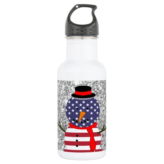 Patriotic USA vlag Snowman Glitter Kerstmis Waterfles (Voorkant)