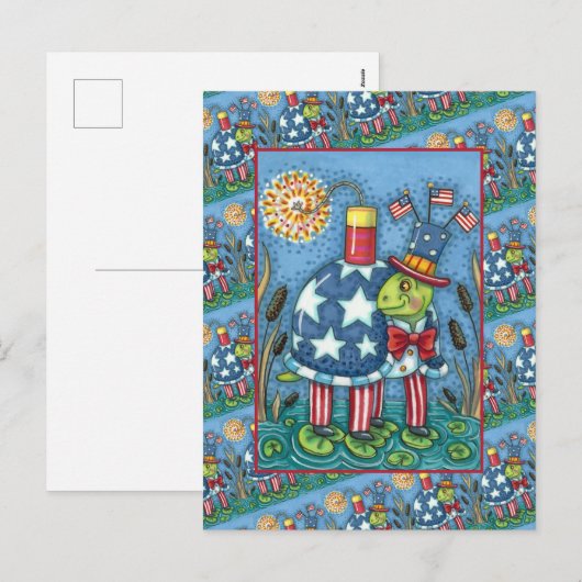 PATRIOTISCHE OOM SAM SCHILDPAD, GRAPPIGE VUURWERK  FEESTDAGENKAART (Voorkant / Achterkant)