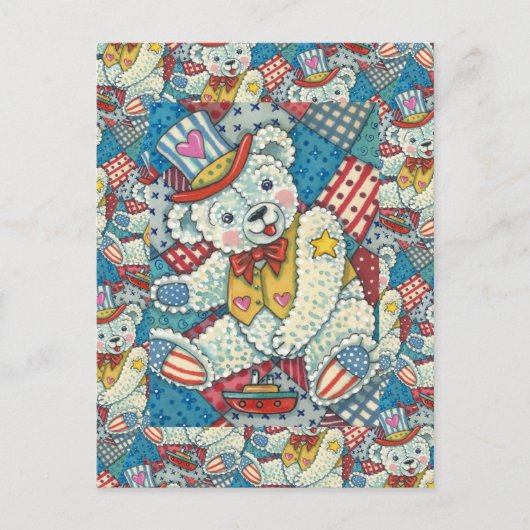 PATRIOTISCHE TEDDY BEAR, BOAT & PATCHWORK QUILT BRIEFKAART (Voorkant)