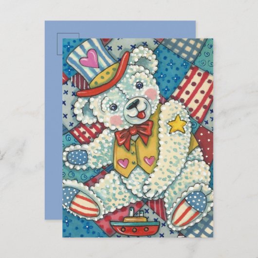PATRIOTISCHE TEDDY BEAR, BOAT & PATCHWORK QUILT BRIEFKAART (Voorkant / Achterkant)