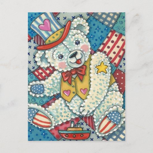 PATRIOTISCHE TEDDY BEAR, BOAT & PATCHWORK QUILT BRIEFKAART (Voorkant)