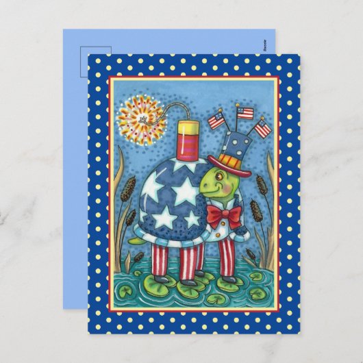 PATRIOTISCHE UNCLE SAM TURTLE, FUNNY FIRECRACKER C FEESTDAGENKAART (Voorkant / Achterkant)