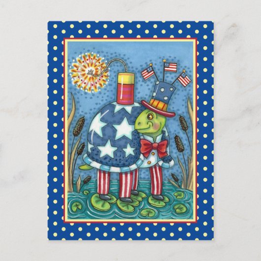 PATRIOTISCHE UNCLE SAM TURTLE, FUNNY FIRECRACKER C FEESTDAGENKAART (Voorkant)