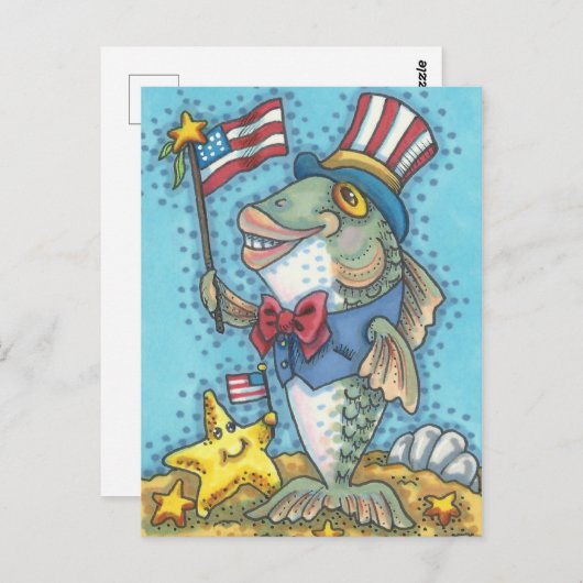 PATRIOTISCHE VIERDE JULI, UNCLE SAM FISH BRIEFKAAR BRIEFKAART (Voorkant / Achterkant)