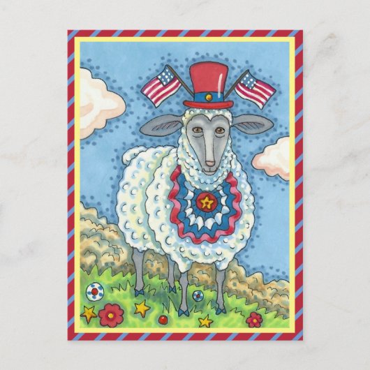 PATRIOTISCHE VIERDE VAN JULY SHEEP, FUNNY FOLK ART FEESTDAGENKAART (Voorkant)