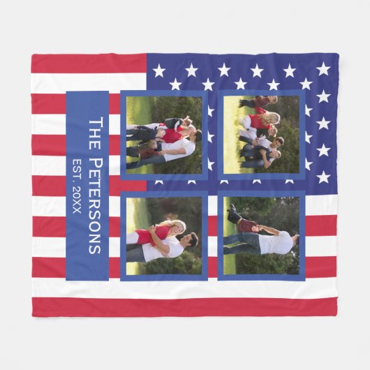 Patriottic 4 Photo Collage American Flag Monogram  Fleece Deken (Voorkant (Horizontaal))