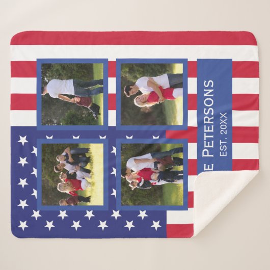 Patriottic 4 Photo Collage American Flag Monogram  Sherpa Deken (Voorkant (horizontaal))