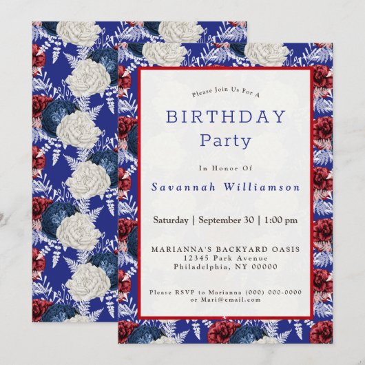 Patriottic Blue White Red Rose Birthday Kaart (Voorkant / Achterkant)